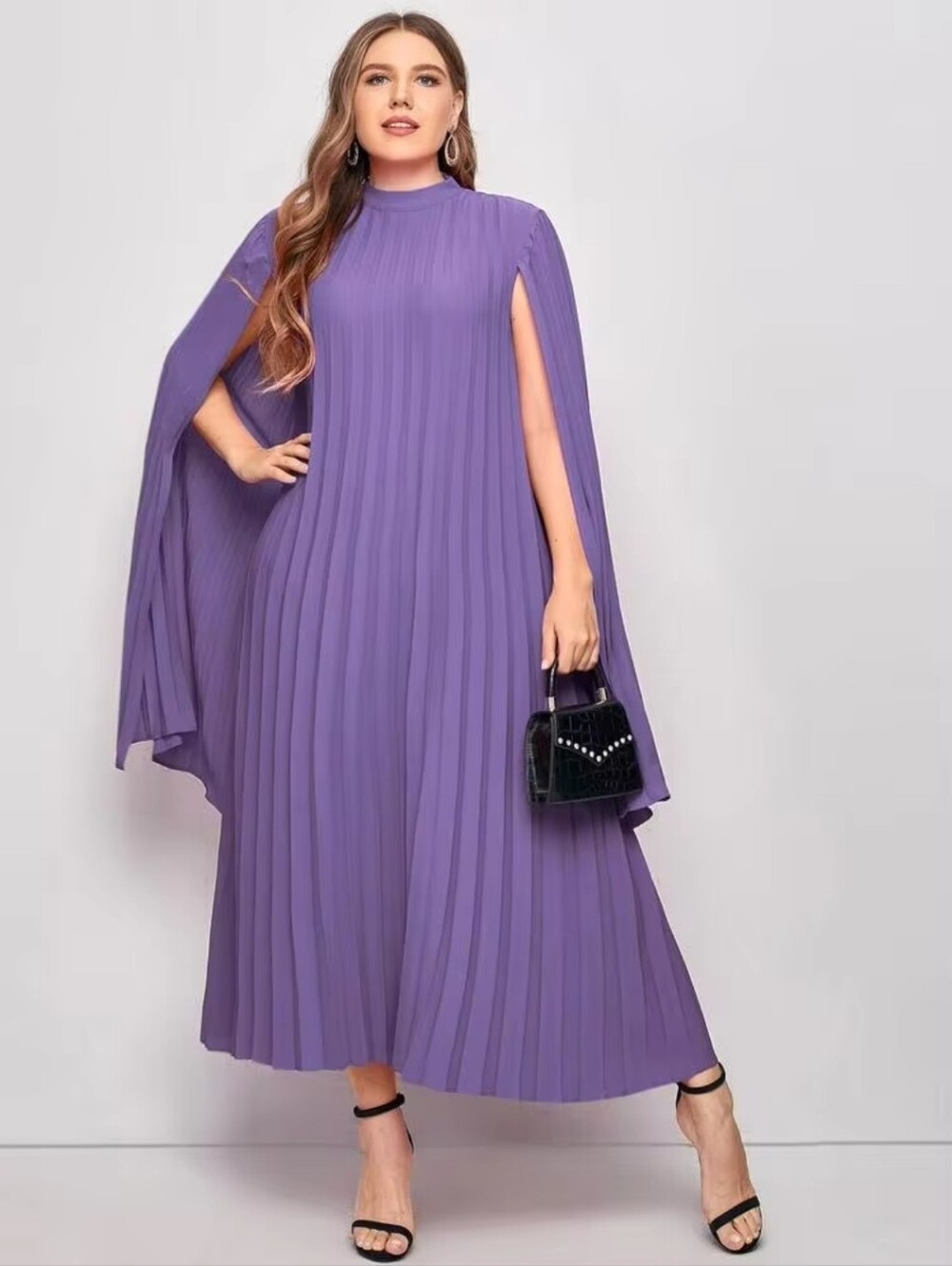 Pleated Lavender Solid Cape Dress